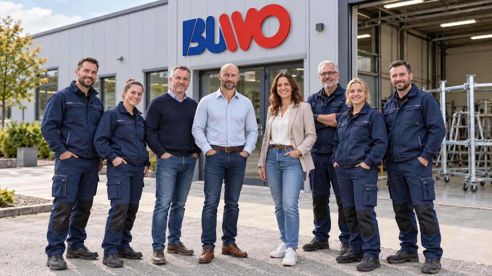 Unternehmer und Metallfachkräfte vor einem Gebäude mit BUWO-Schriftzug