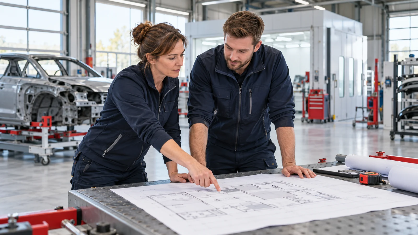 Zwei Personen besprechen die Planung einer neuen Lackierwerkstatt