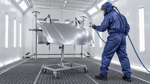 Lackierer im blauen BUWO PaintGuard-Anzug an einem Universalständer in einer Lackierkabine