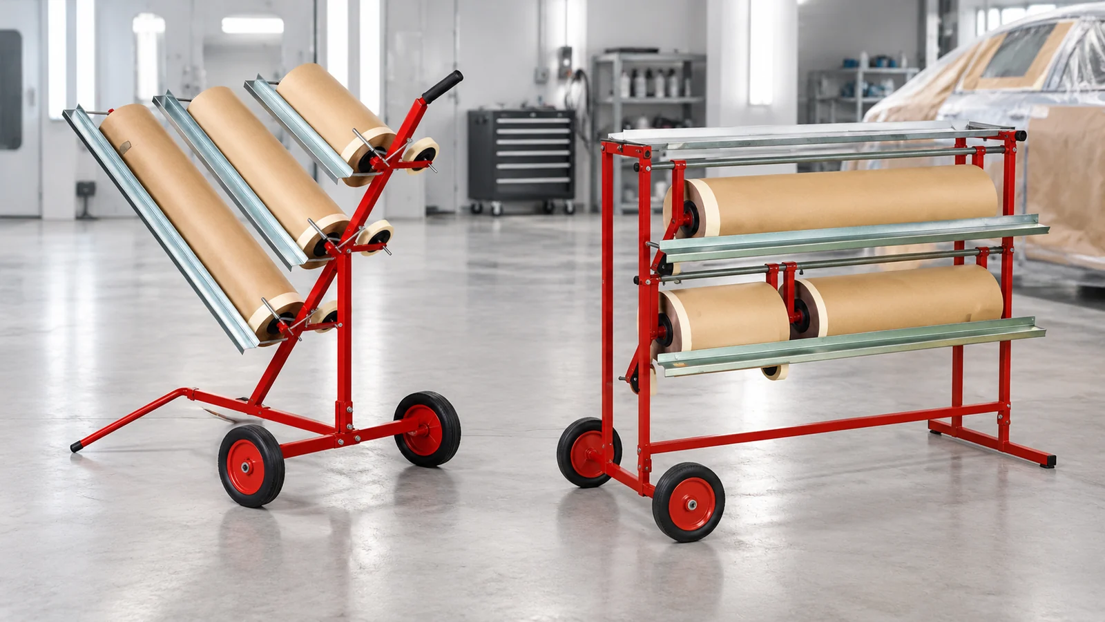 Ein schräger Papierrollenständer und ein Papierrollenwagen nebeneinander in einer Werkstatt