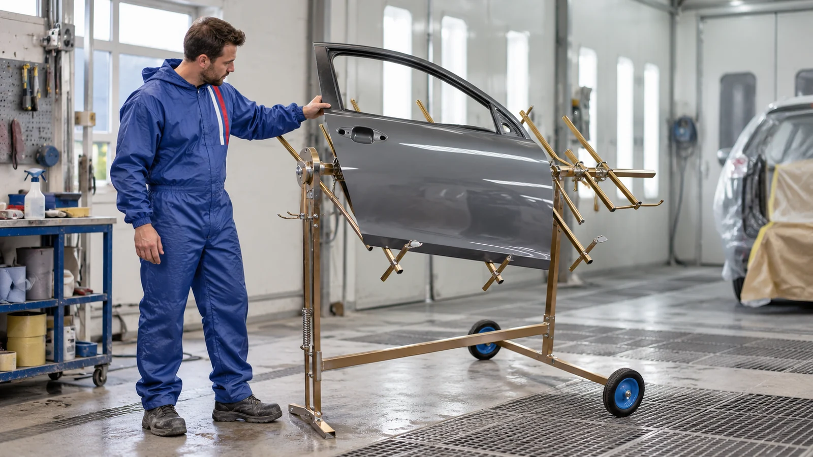 Werkstattszene: Drehlackierständer Premium einsetzen: Bauteile positionieren und Aufnahmen wählen