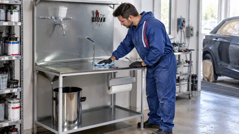 Werkstattszene: Farbtisch sauber halten: Arbeitsfläche, Ablagen und Abschlussroutine