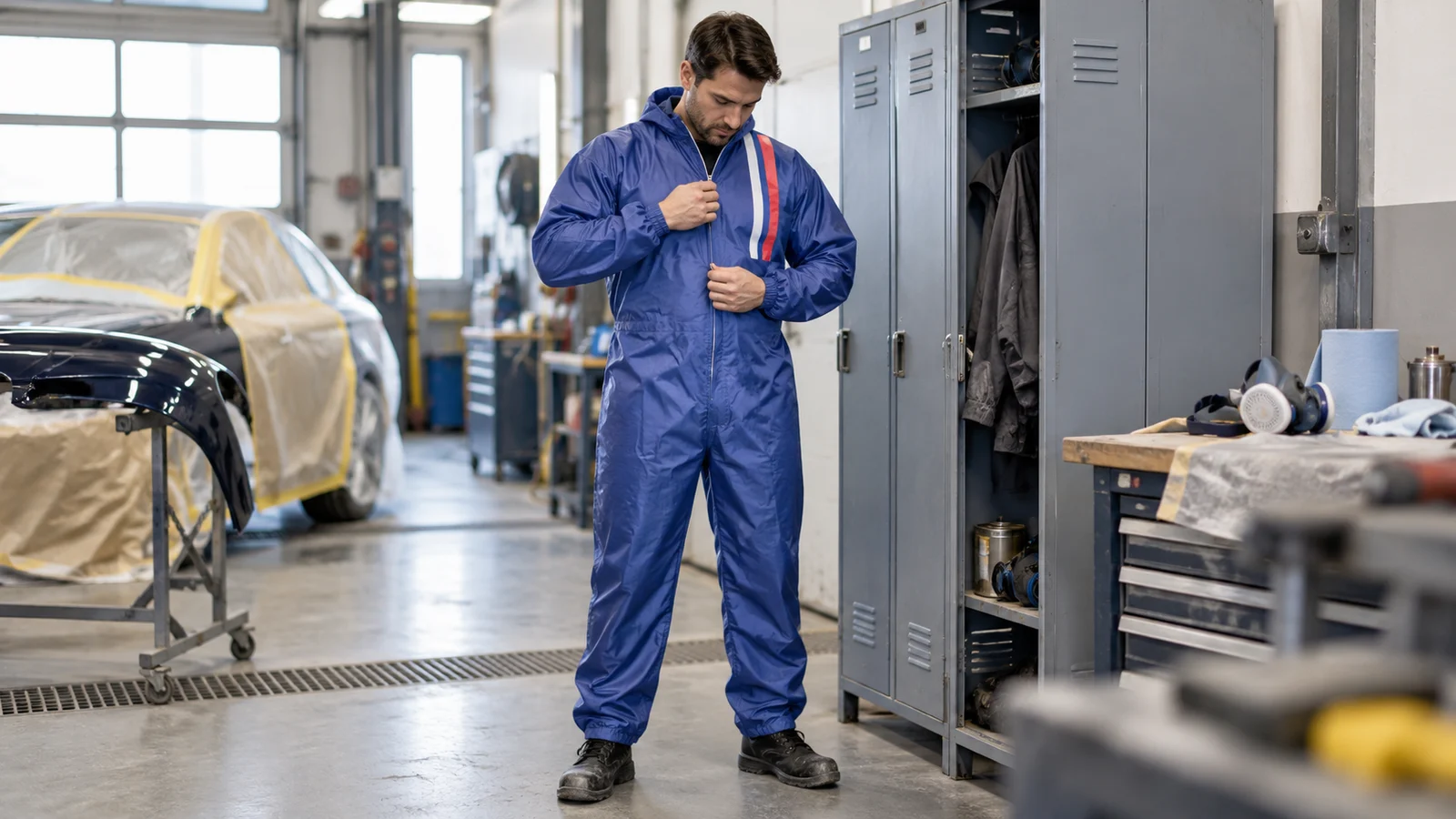 Werkstattszene: Lackieroverall vor Arbeitsbeginn prüfen: Sitz, Zustand und Ausstattung