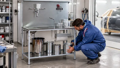 Werkstattszene: Lackmischplatz organisieren: Material, Werkzeuge und Aufträge ordnen