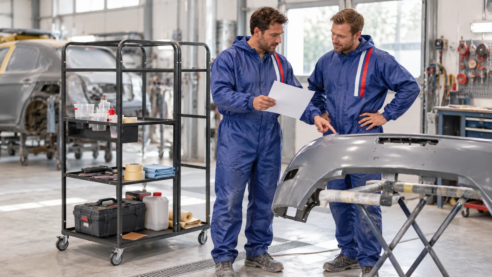 Werkstattszene: Aufträge in der Lackierwerkstatt übergeben: Teile, Geräte und Material zuordnen